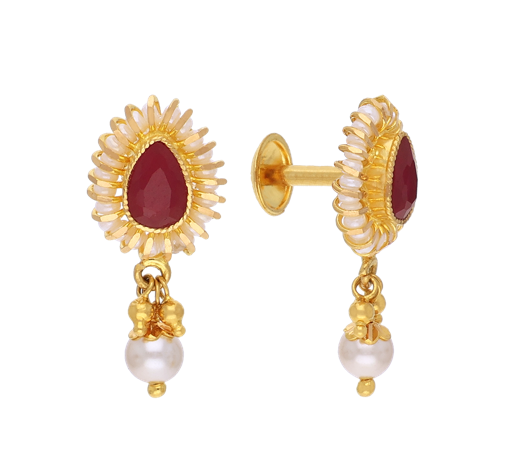Stunning Gold Floral Oval Shaped Ruby Stone Studs - South India Jewels