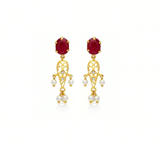 Ruby Bloom Pearl Drop 22KT Gold Earrings