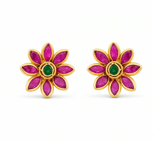 Ruby Emerald Floral Bloom 22 KT Precious Stone Earrings