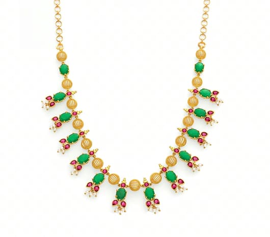 Ruby Emerald Motif Pearl Drops 22 KT Gold Necklace