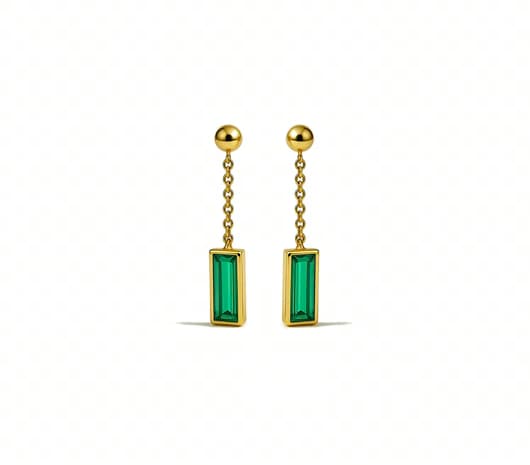 Green Prism Chain Drops Gold Earrings
