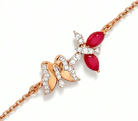 18KT Gold Floral Red Stone & Diamond Bracelet