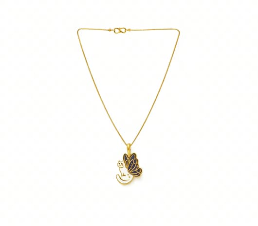 22KT Gold Cat with Blue Butterfly Wings Necklace